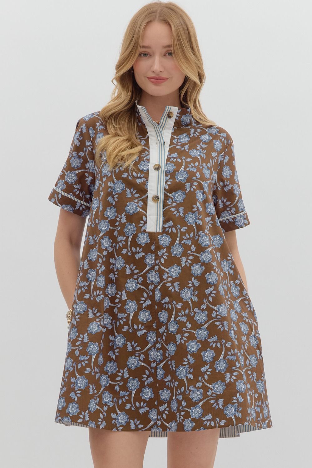 Floral print short sleeve high neck mini dress