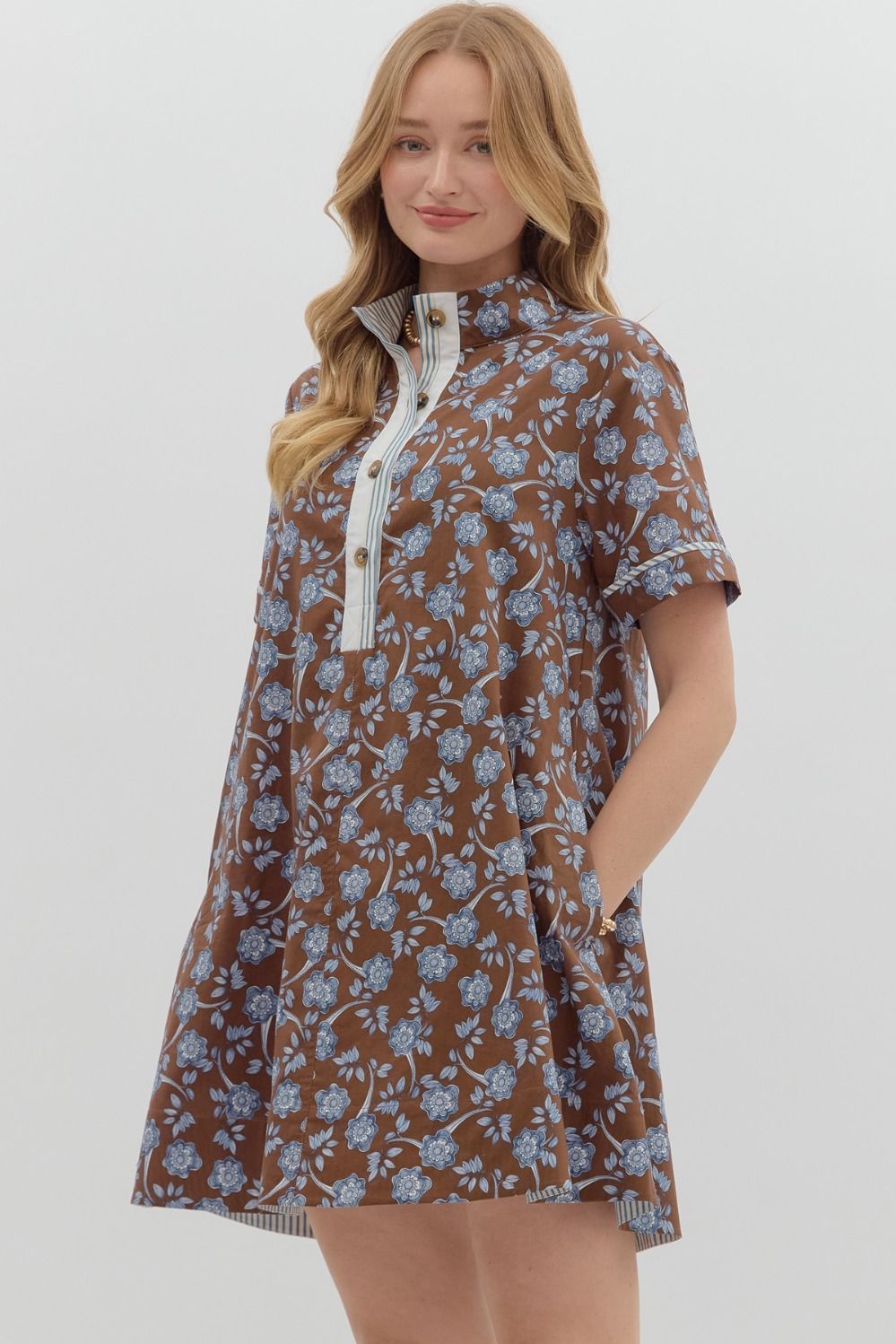 Floral print short sleeve high neck mini dress