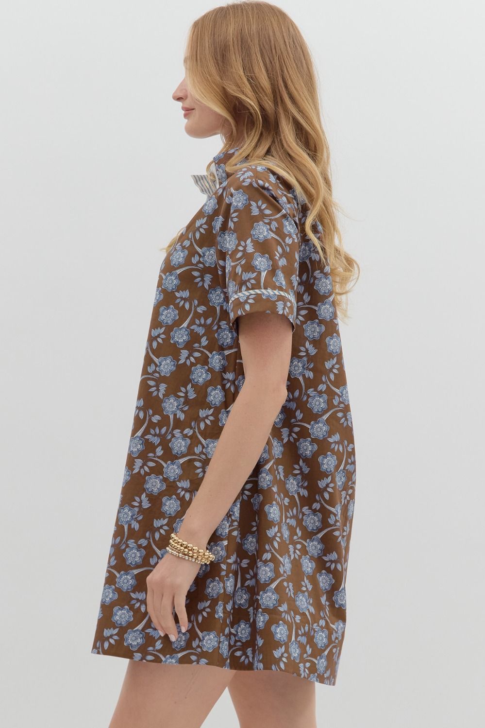 Floral print short sleeve high neck mini dress