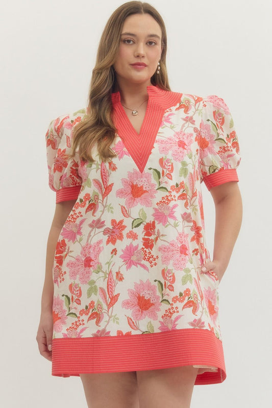 Floral print short puff sleeve pullover mini dress