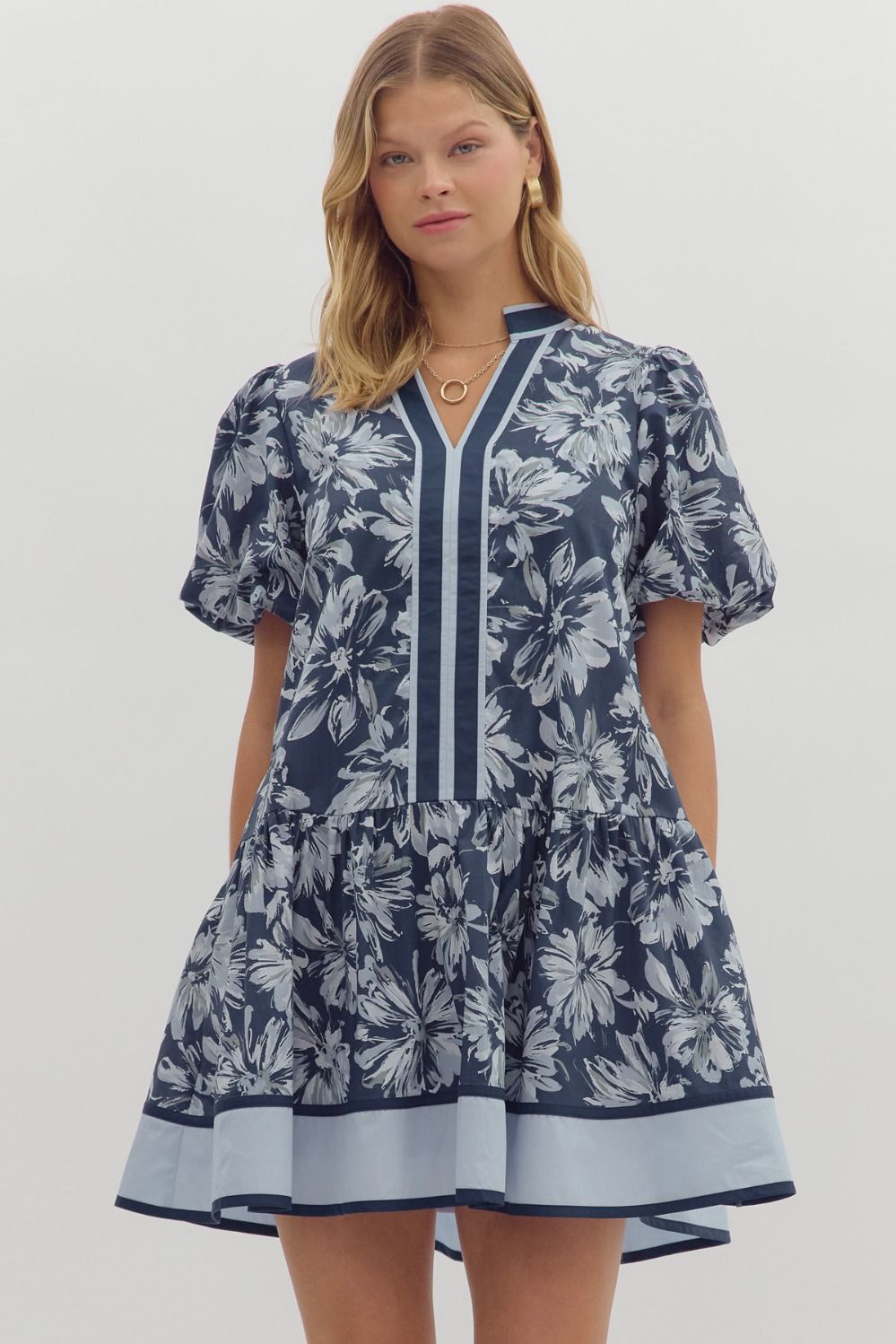 Floral print short bubble sleeve ruffle hem