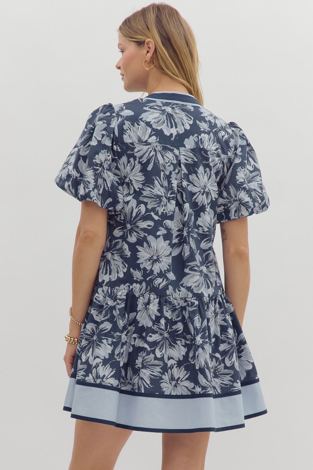 Floral print short bubble sleeve ruffle hem