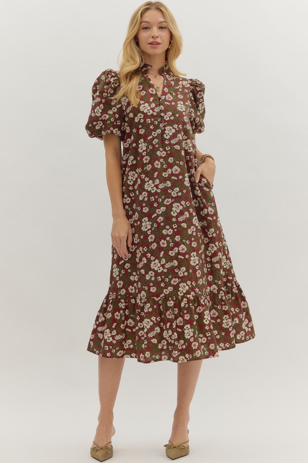 Floral print short bubble sleeve ruffle hem midi dress featurng ruffle V-neck button closure