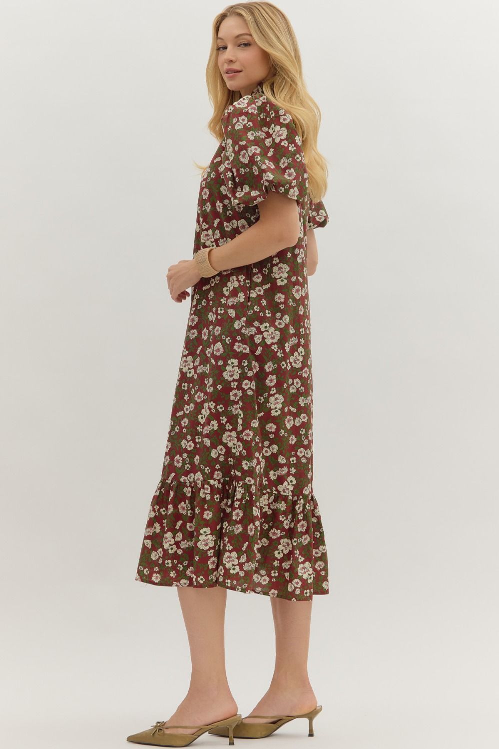 Floral print short bubble sleeve ruffle hem midi dress featurng ruffle V-neck button closure