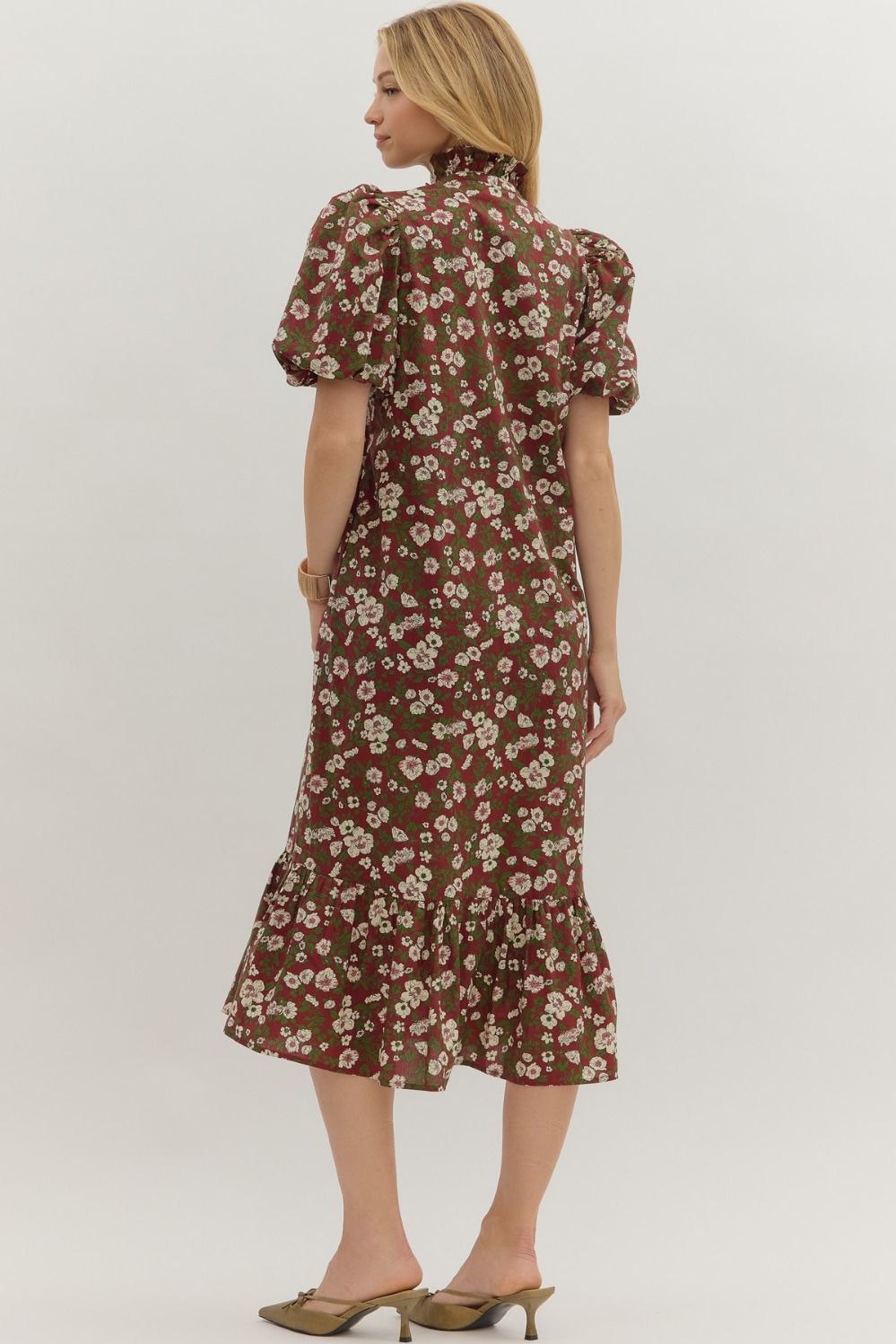 Floral print short bubble sleeve ruffle hem midi dress featurng ruffle V-neck button closure