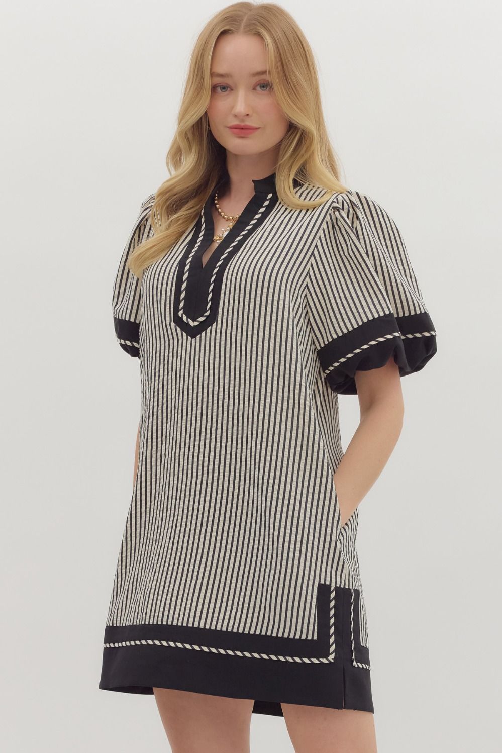 Stripe pattern short lantern sleeves pullover mini dress