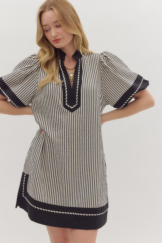 Stripe pattern short lantern sleeves pullover mini dress