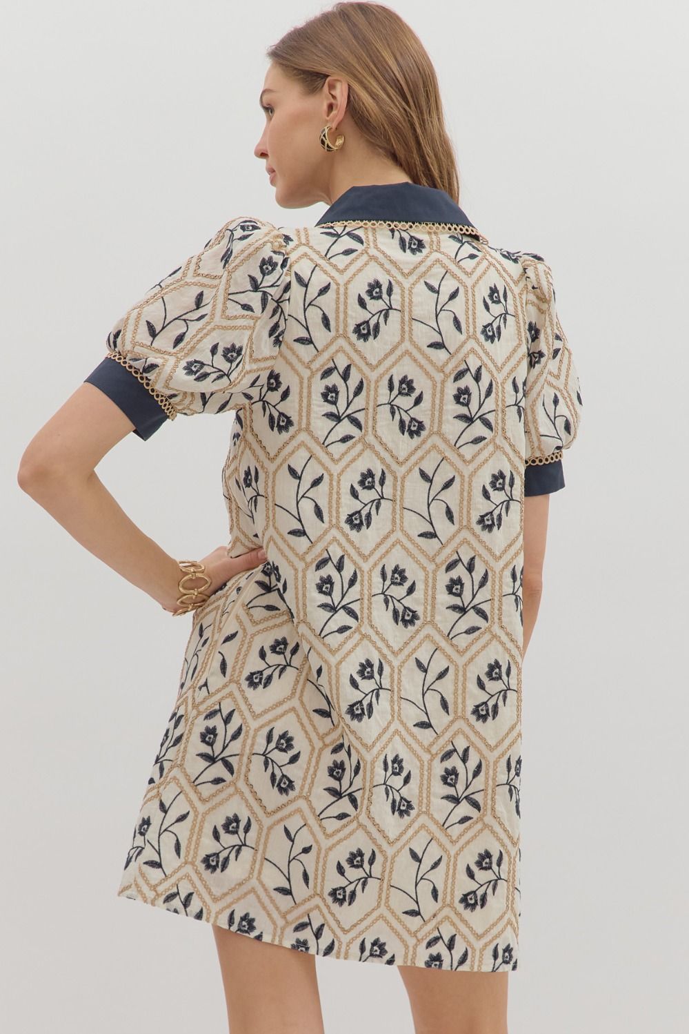 Floral embroidered short sleeve mini dress