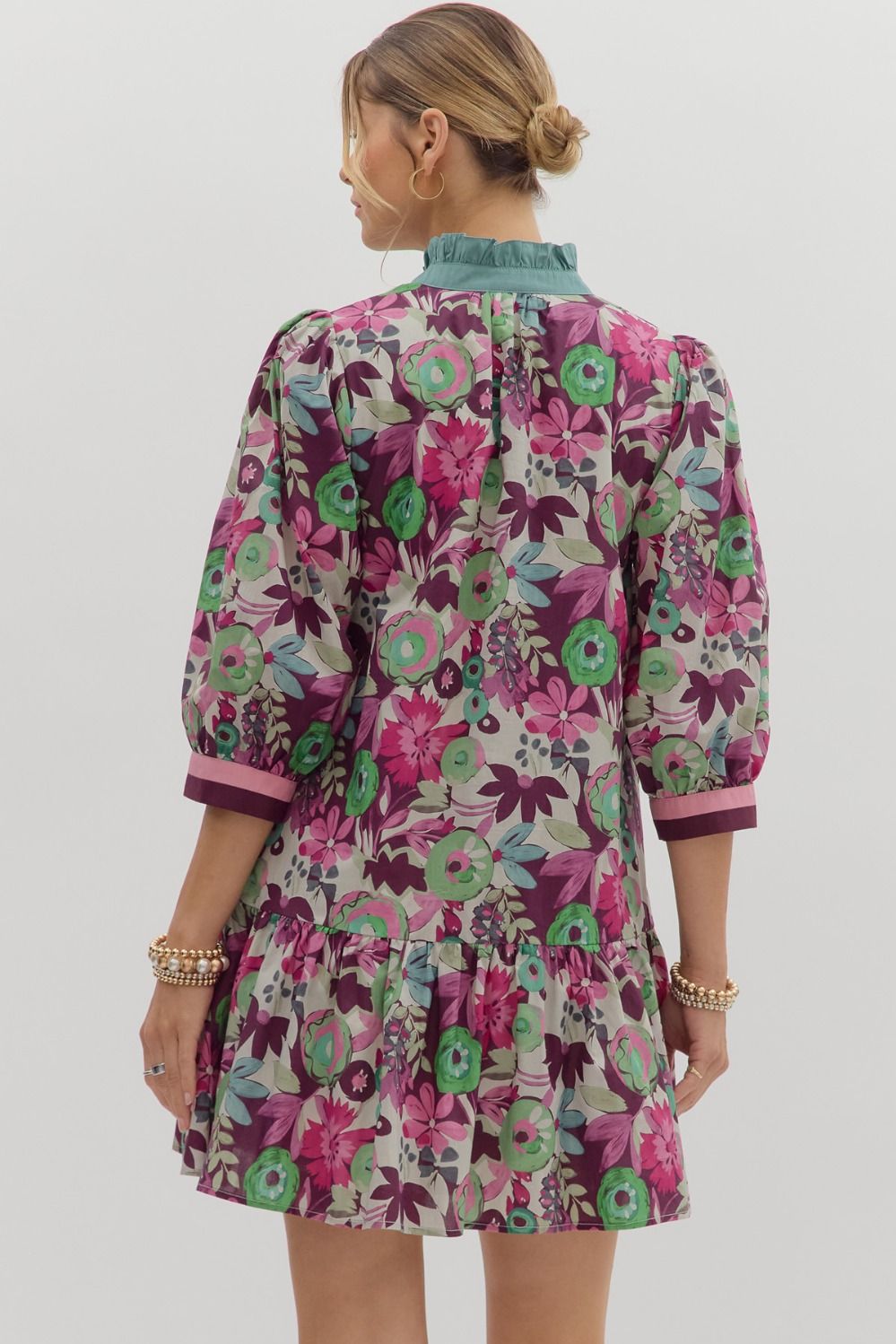 Multi-floral pattern ¾ sleeve ruffle hem mini dress featuring multicolor band