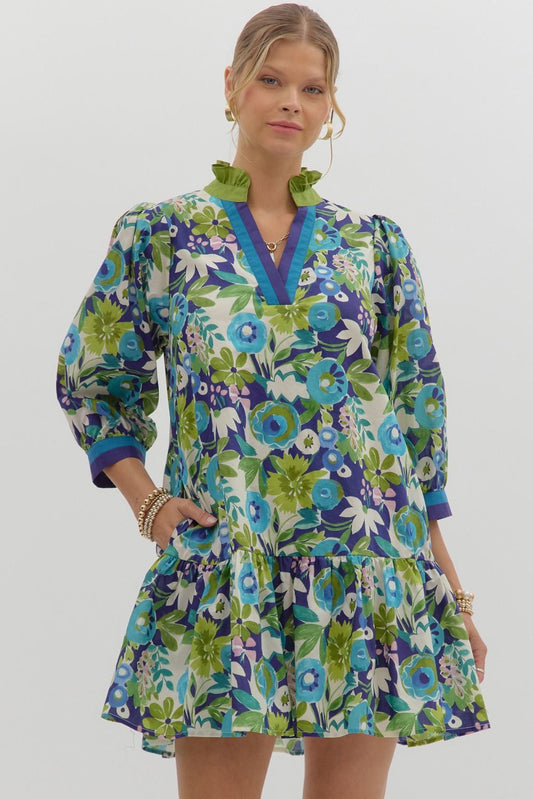 Multi-floral pattern ¾ sleeve ruffle hem mini dress featuring multicolor band