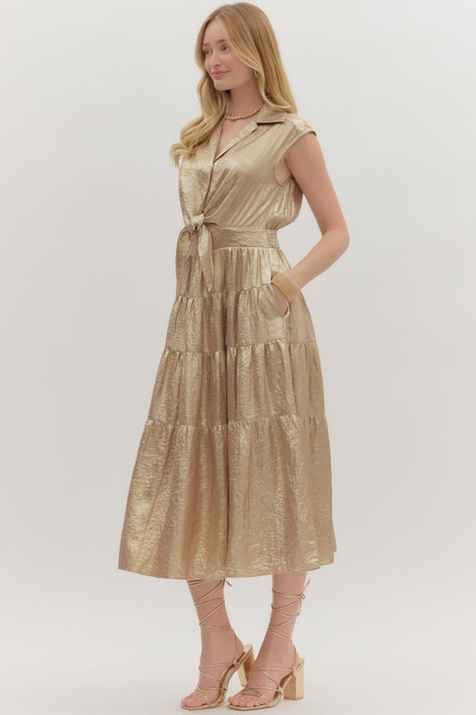 Shimmering sleeveless midi tiered dress