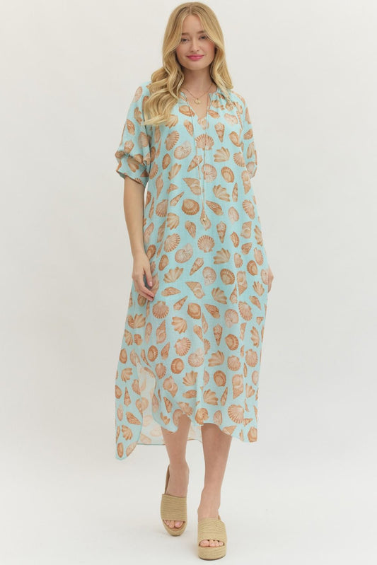 Shell print short sleeve midi dress