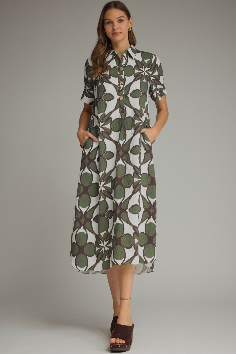 Printed short sleeve midi shirt dress