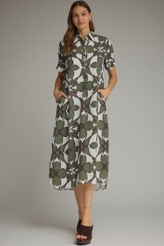 Printed short sleeve midi shirt dress