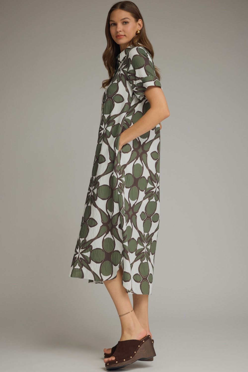 Printed short sleeve midi shirt dress