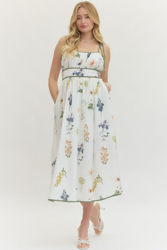 Floral sleeveless midi dress featuring empire
