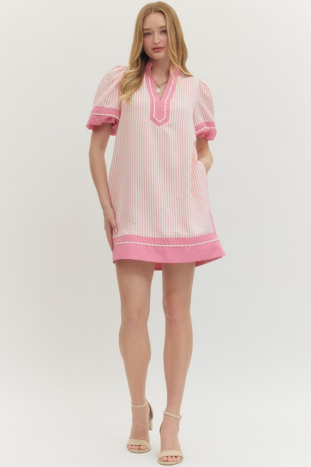 Striped short puff sleeve mini dress