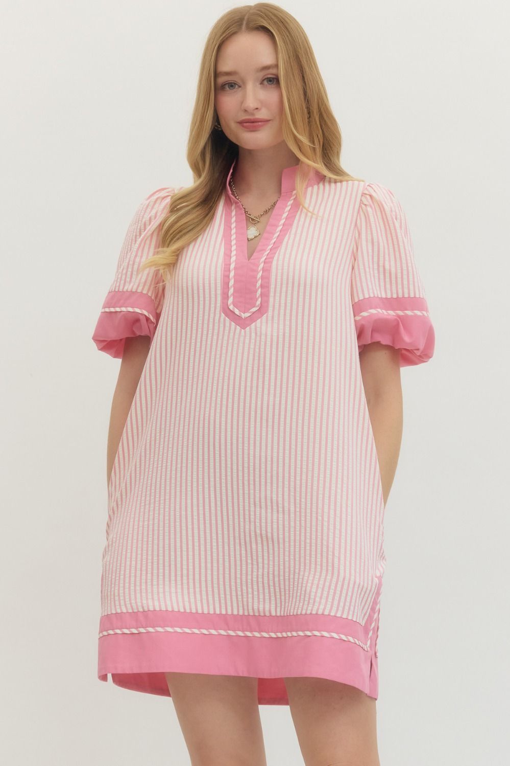Striped short puff sleeve mini dress