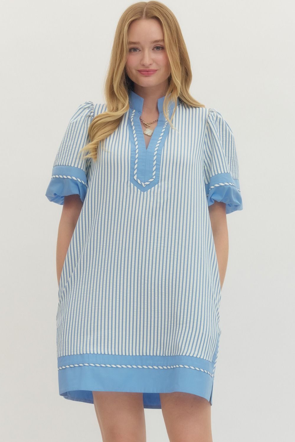 Striped short puff sleeve mini dress