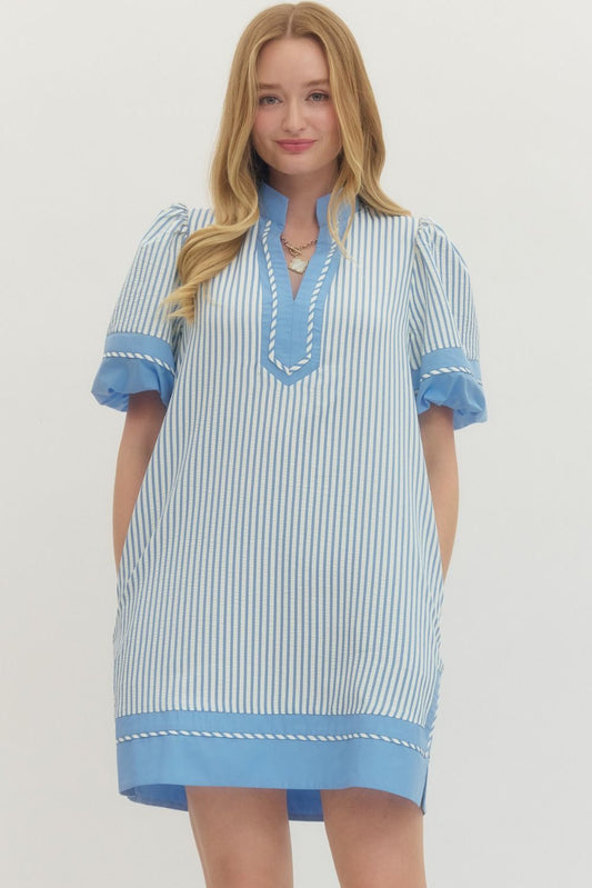 Striped short puff sleeve mini dress