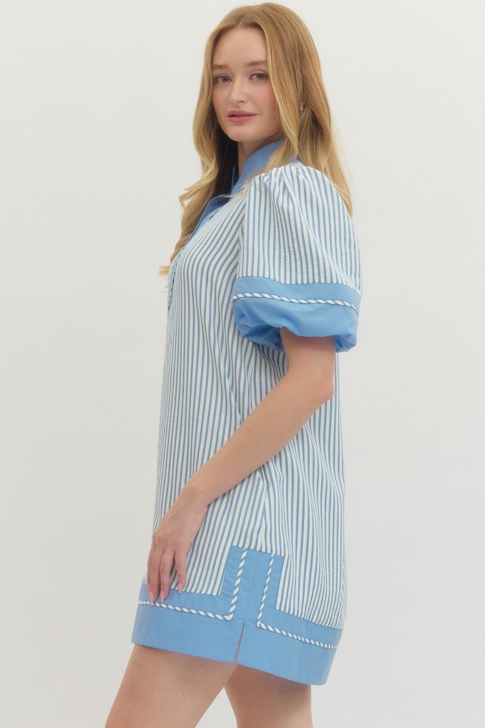 Striped short puff sleeve mini dress