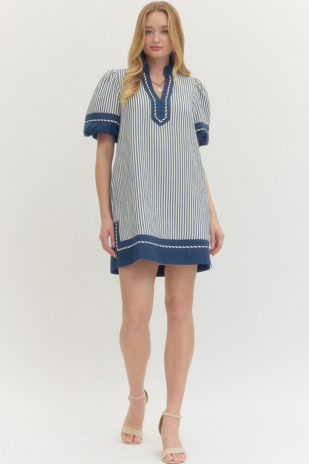 Striped short puff sleeve mini dress