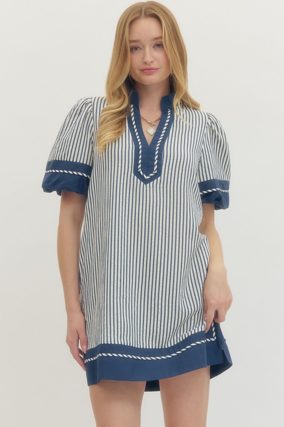 Striped short puff sleeve mini dress