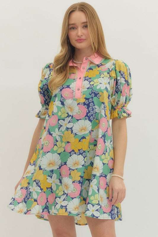 Floral print short puff sleeve mini dress