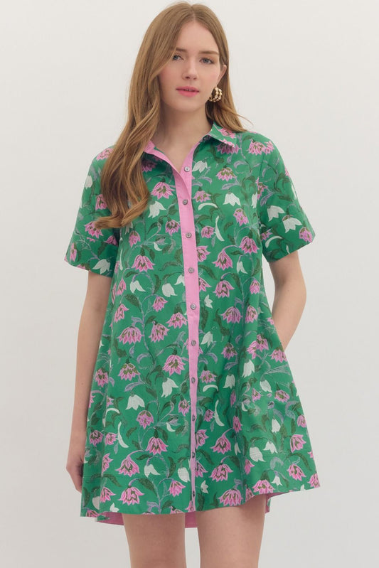 Botanical print short sleeve mini dress