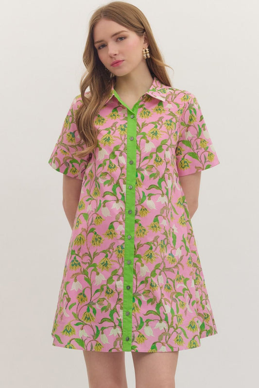 Botanical print short sleeve mini dress