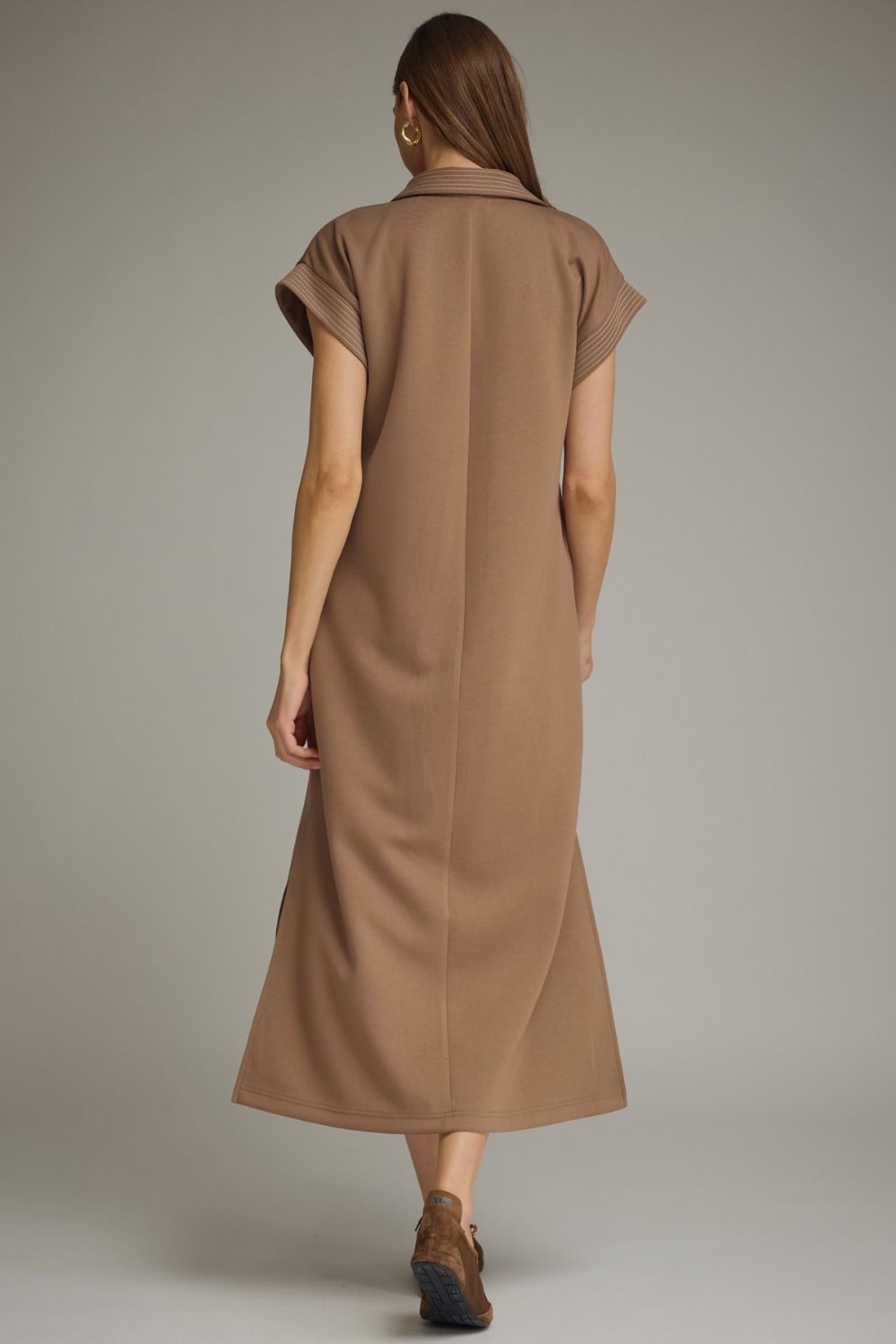 Solid collared short sleeve midi dress