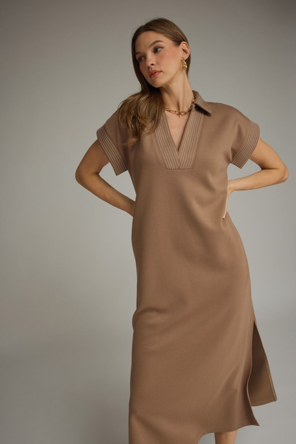 Solid collared short sleeve midi dress