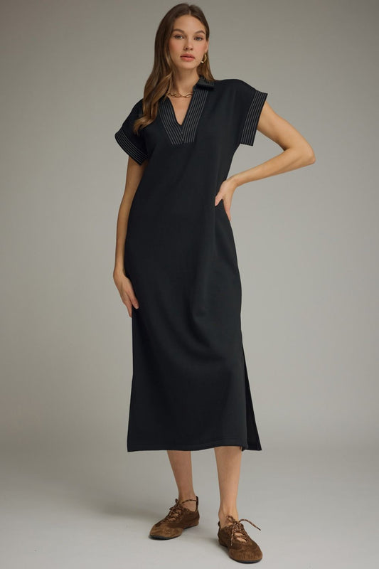 Solid collared short sleeve midi dress