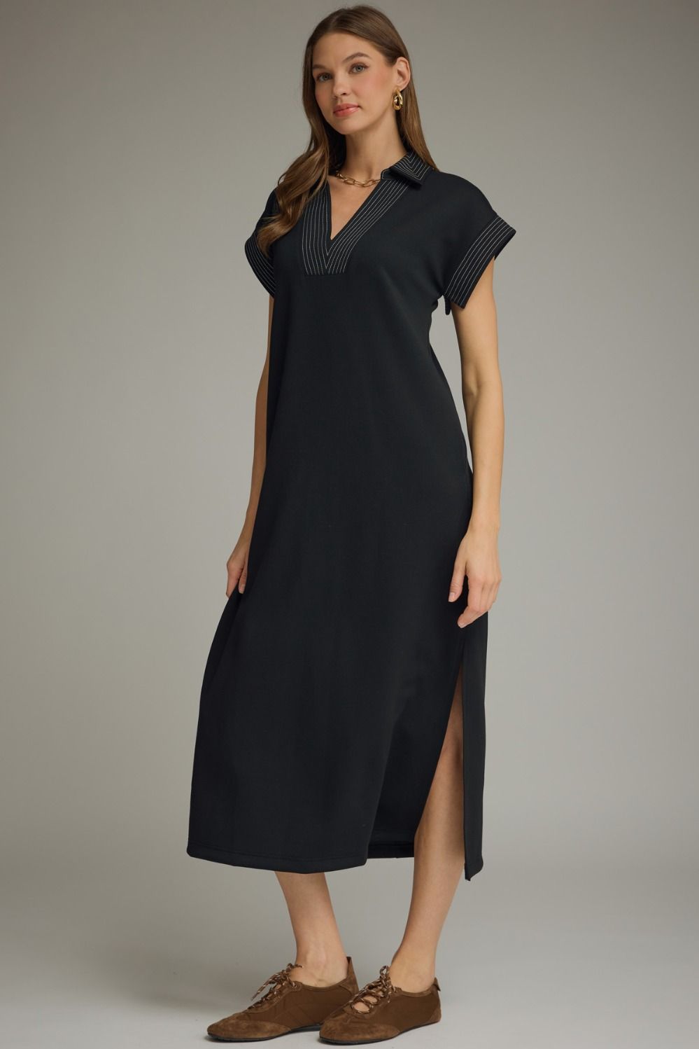 Solid collared short sleeve midi dress