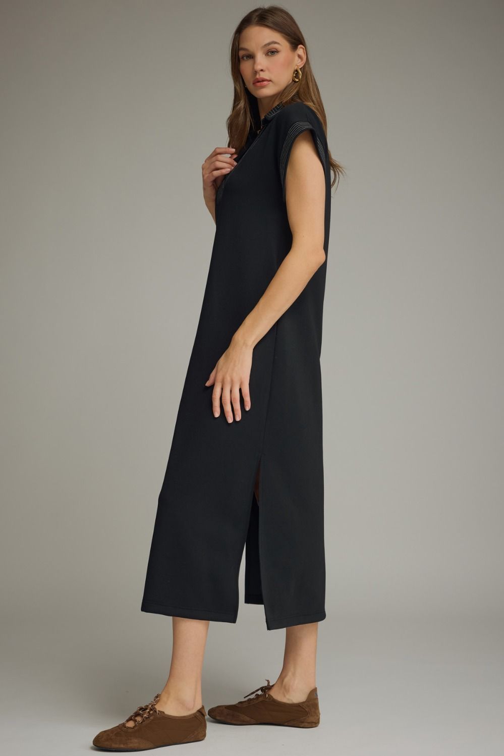 Solid collared short sleeve midi dress