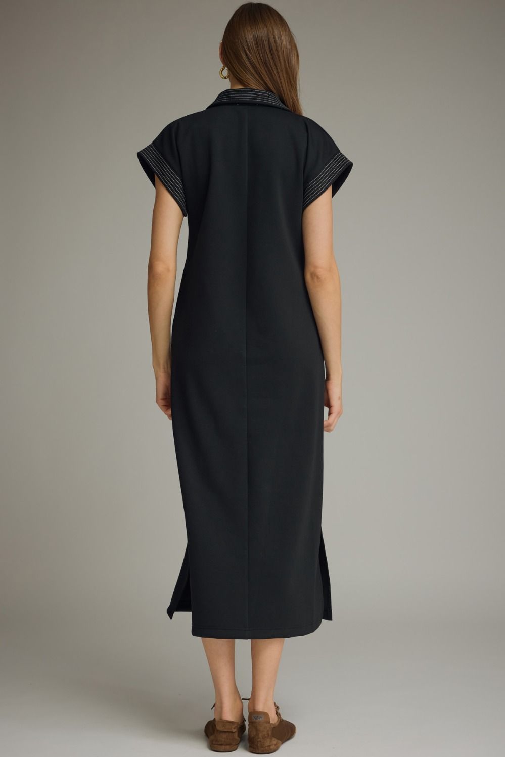 Solid collared short sleeve midi dress
