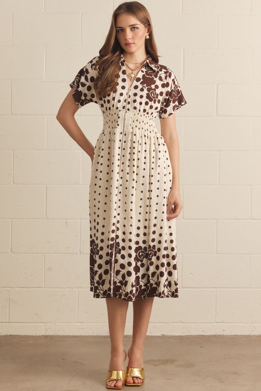 Polka dot and floral print short sleeve midi dress