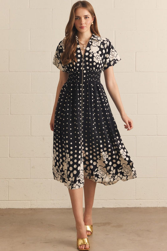 Polka dot and floral print short sleeve midi dress