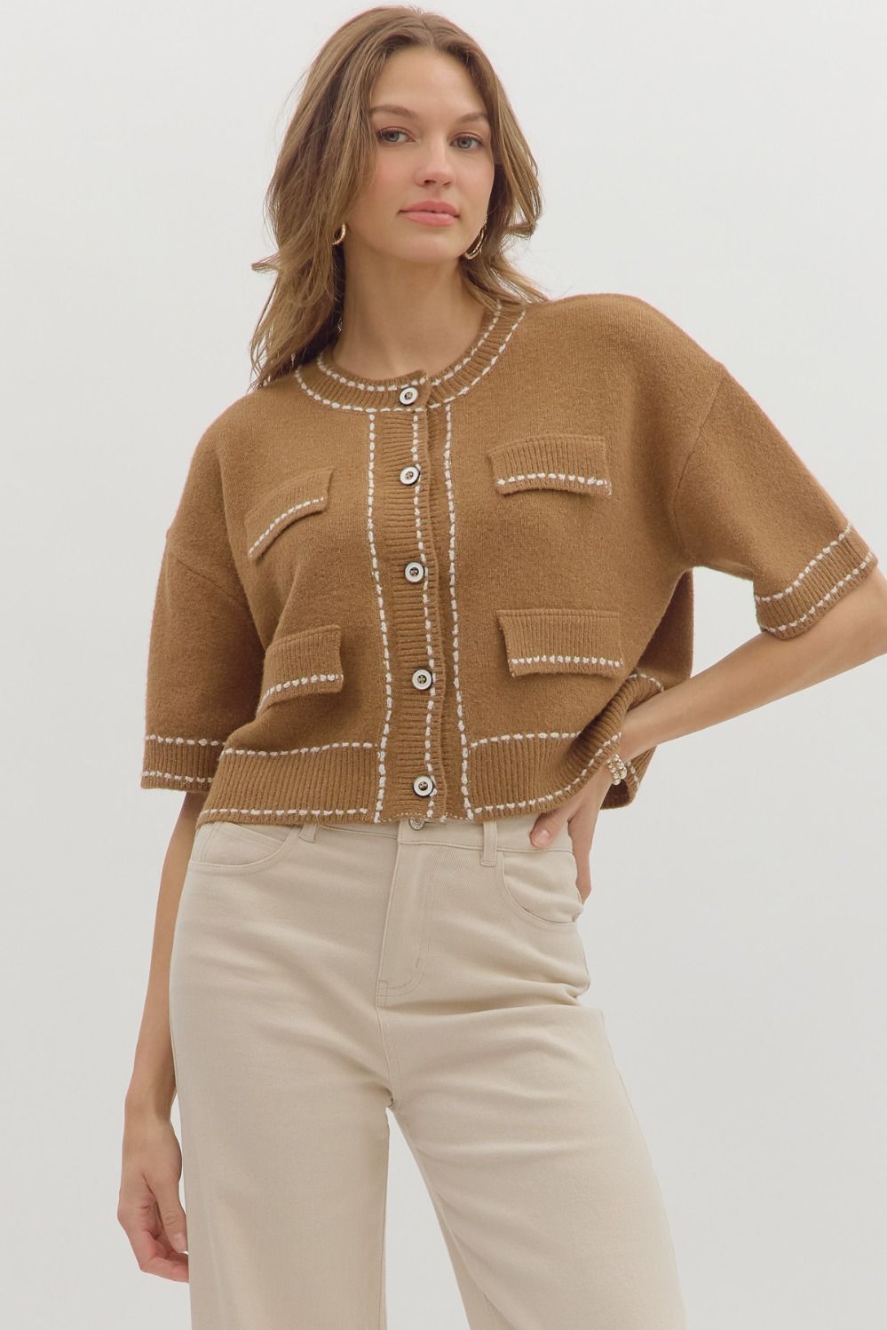 Solid elbow-length sleeve cardigan top