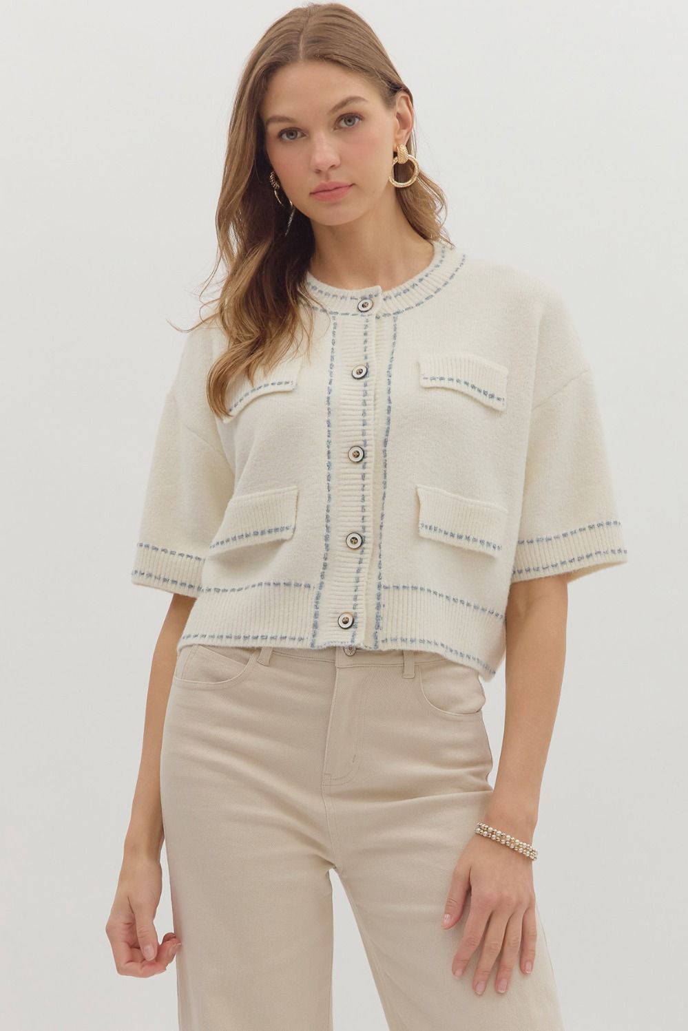 Solid elbow-length sleeve cardigan top