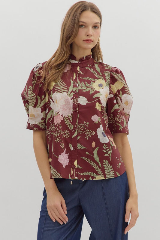 Floral print ruffled neck button front closure featuring pleated short puff sleeve