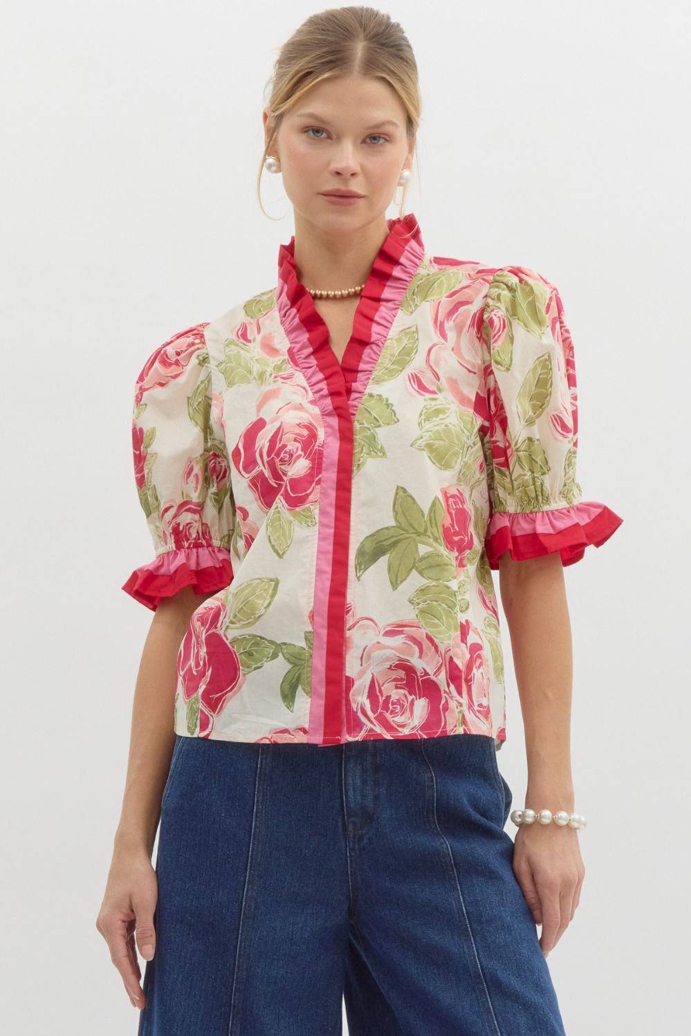 Floral print elasticated short puff sleeve