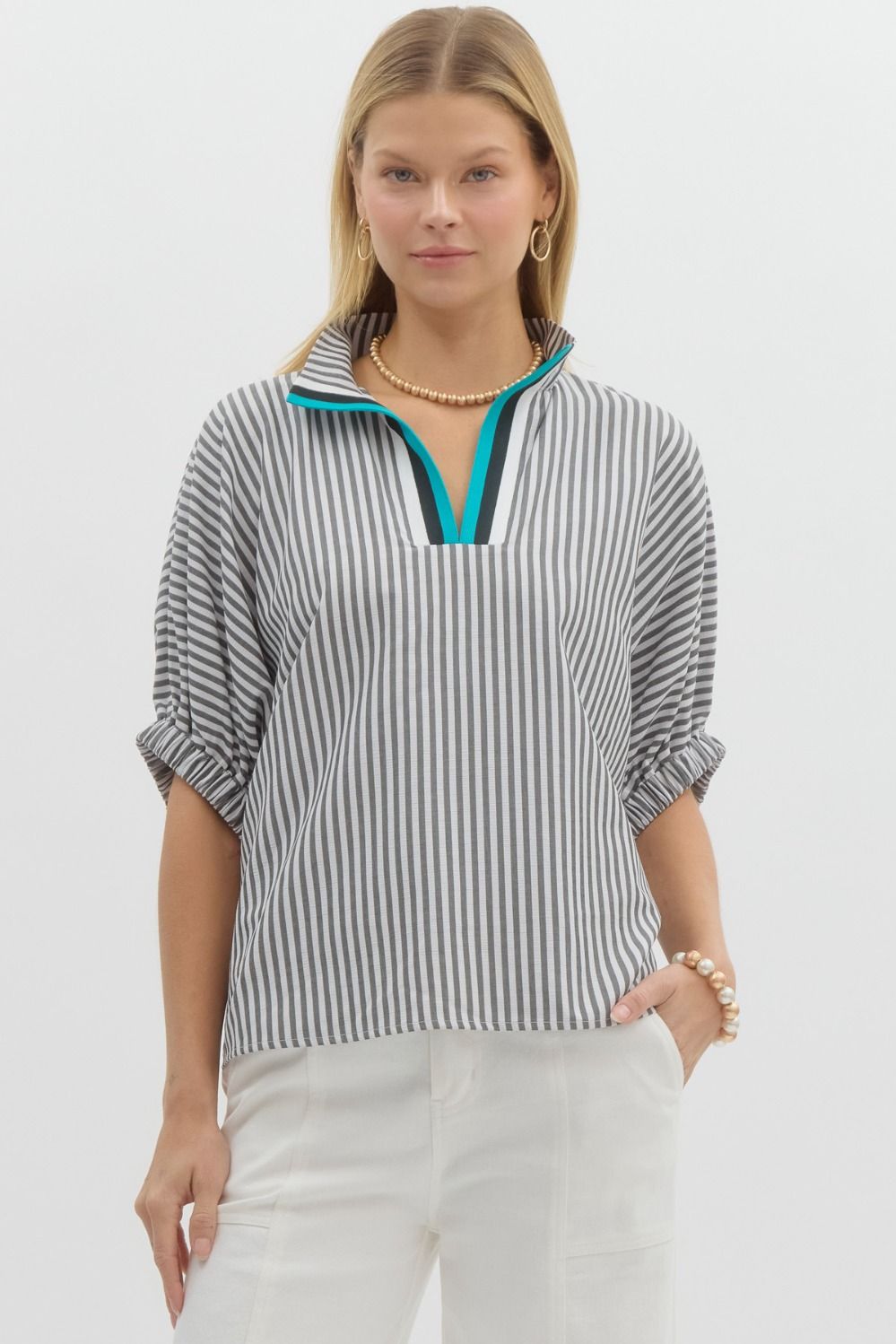 Stripe pattern high neck elasticated sleeve band dolman top