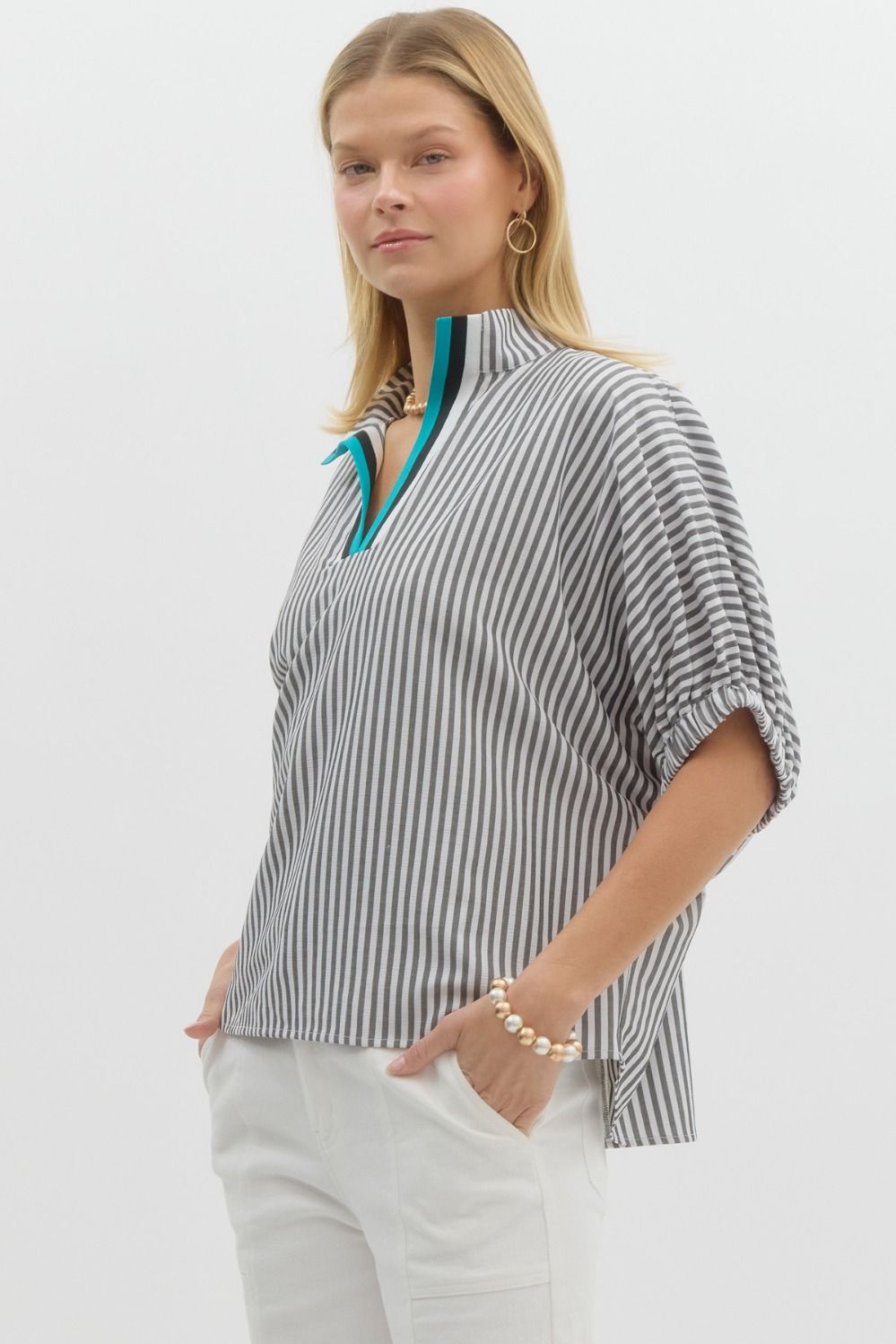 Stripe pattern high neck elasticated sleeve band dolman top