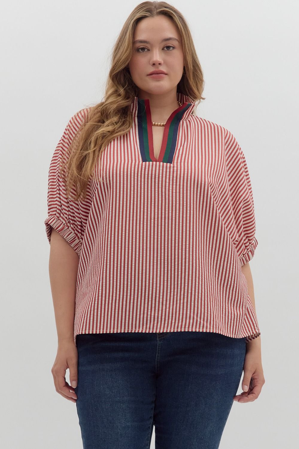 Stripe pattern high neck elasticated sleeve band dolman top