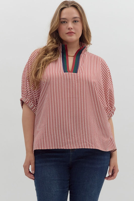 Stripe pattern high neck elasticated sleeve band dolman top