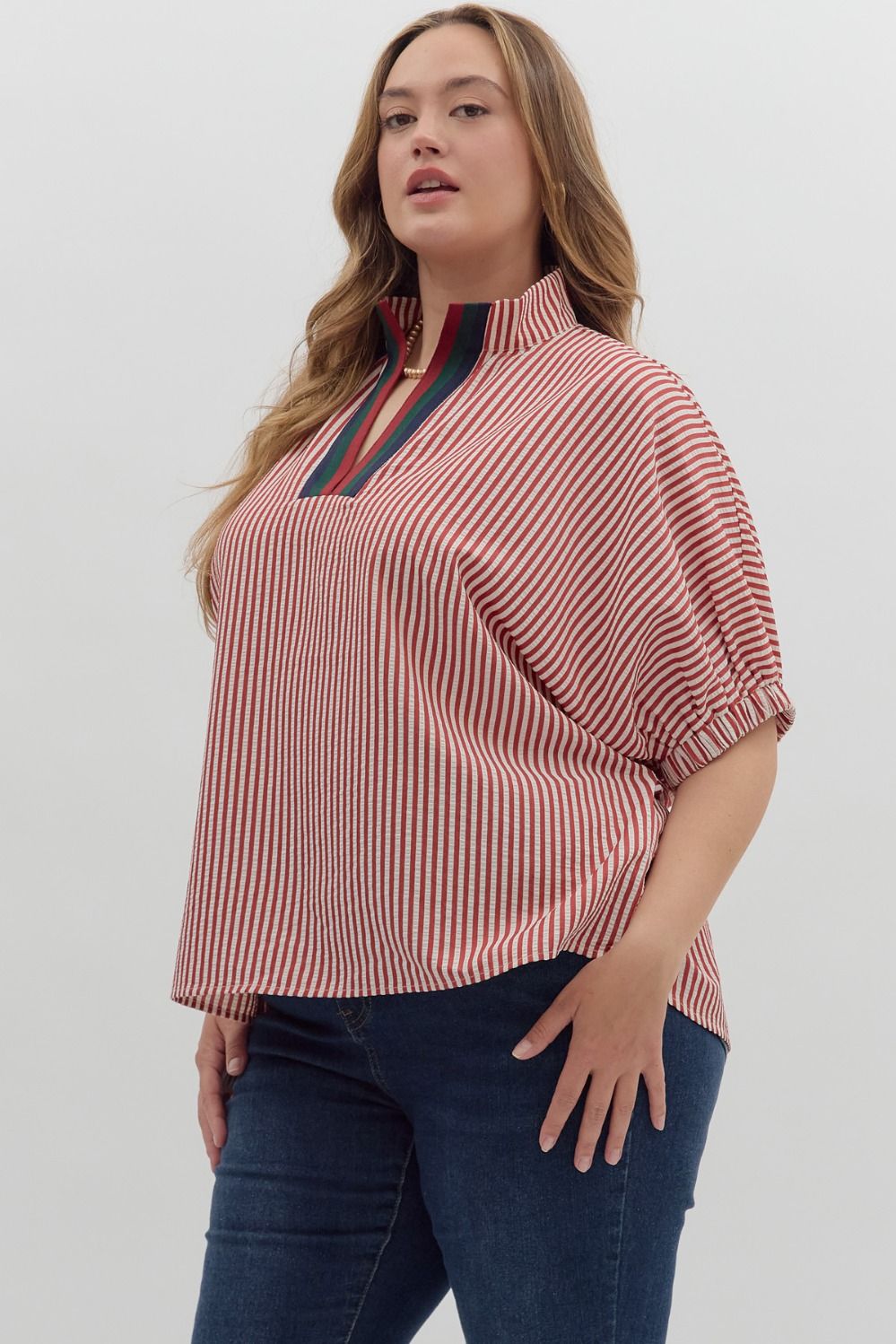 Stripe pattern high neck elasticated sleeve band dolman top