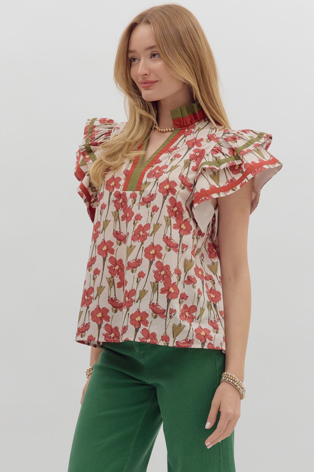 Floral print tiered flutter sleeve pullover top