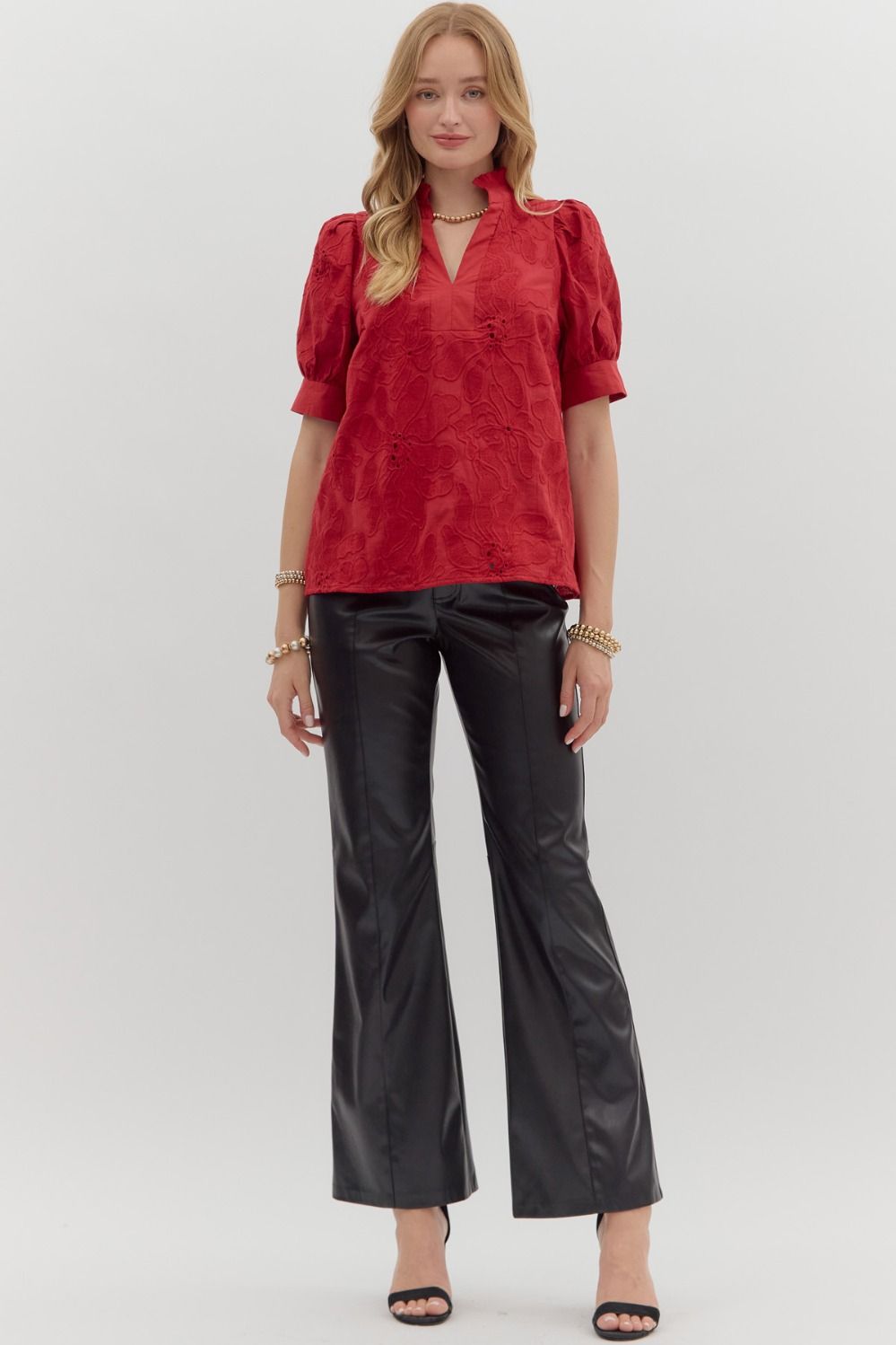 Floral embroidered short puff sleeve pullover top