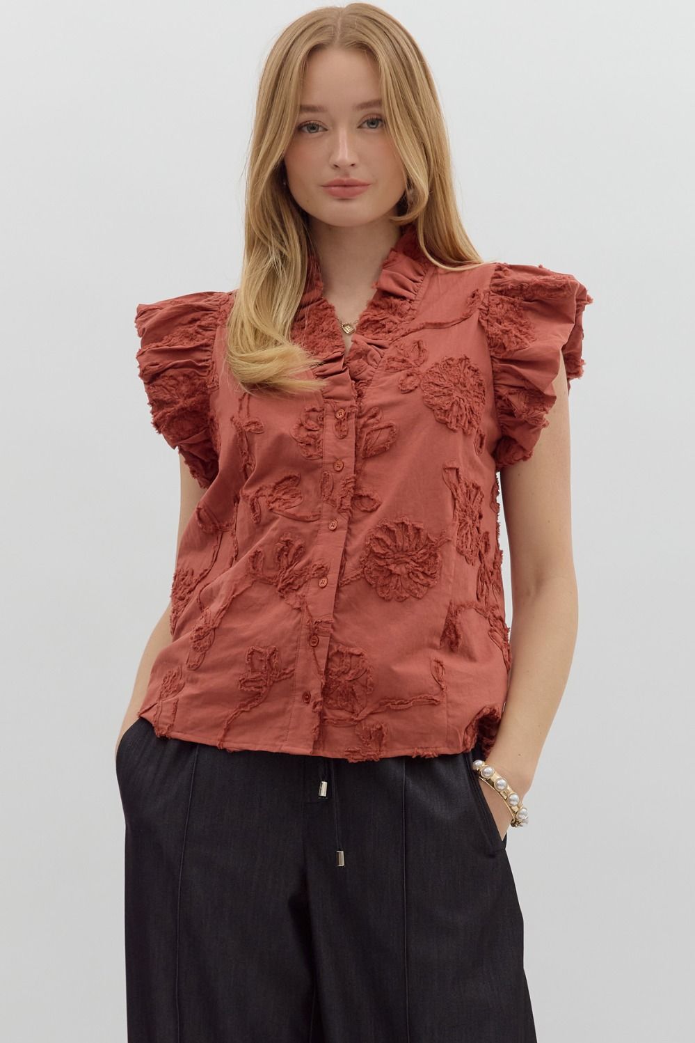 Solid cotton floral appliqué bubble flutter sleeve top